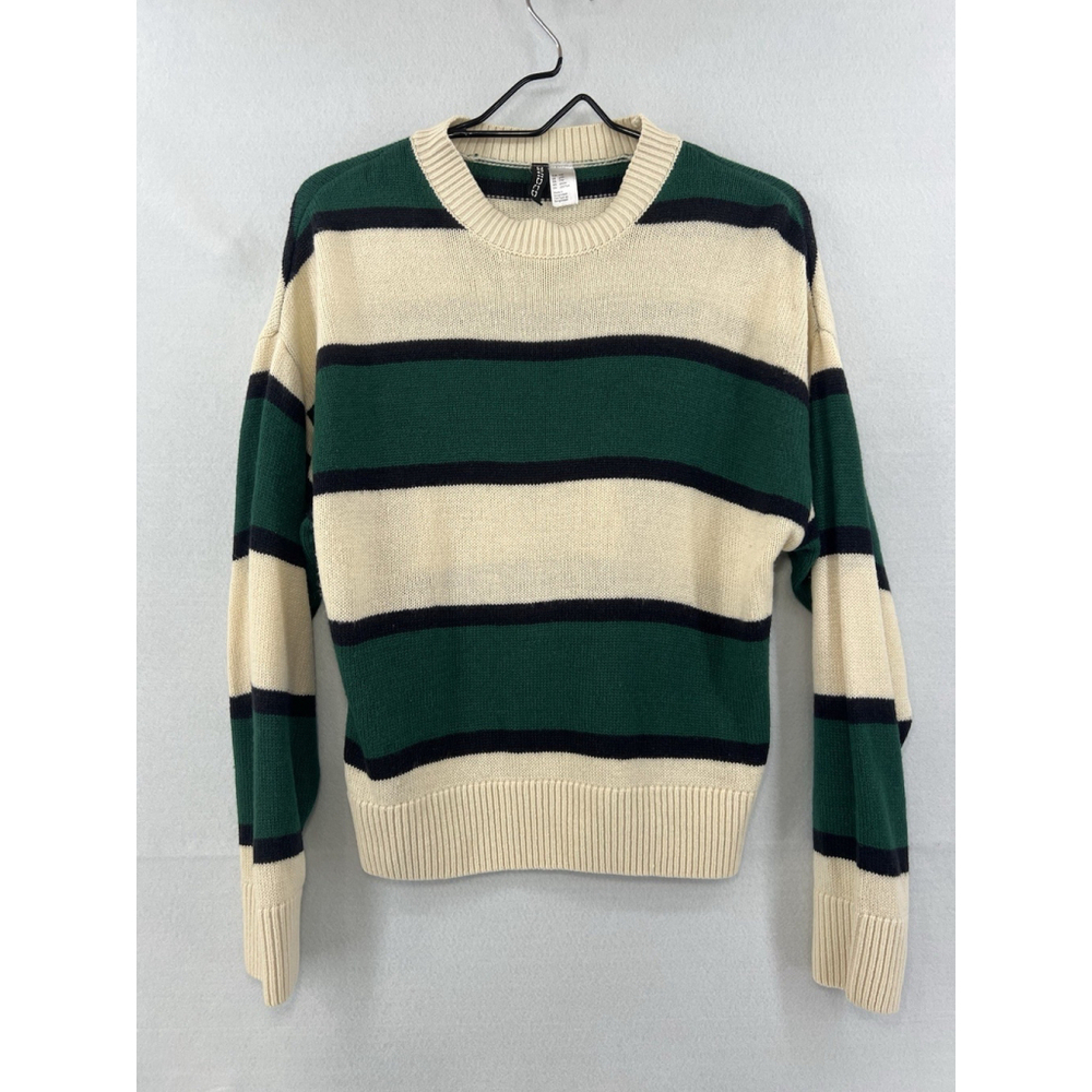 H&M Divided Striped Sweater Green White Woman’s Medium Crew Neck - Picture 2 of 11